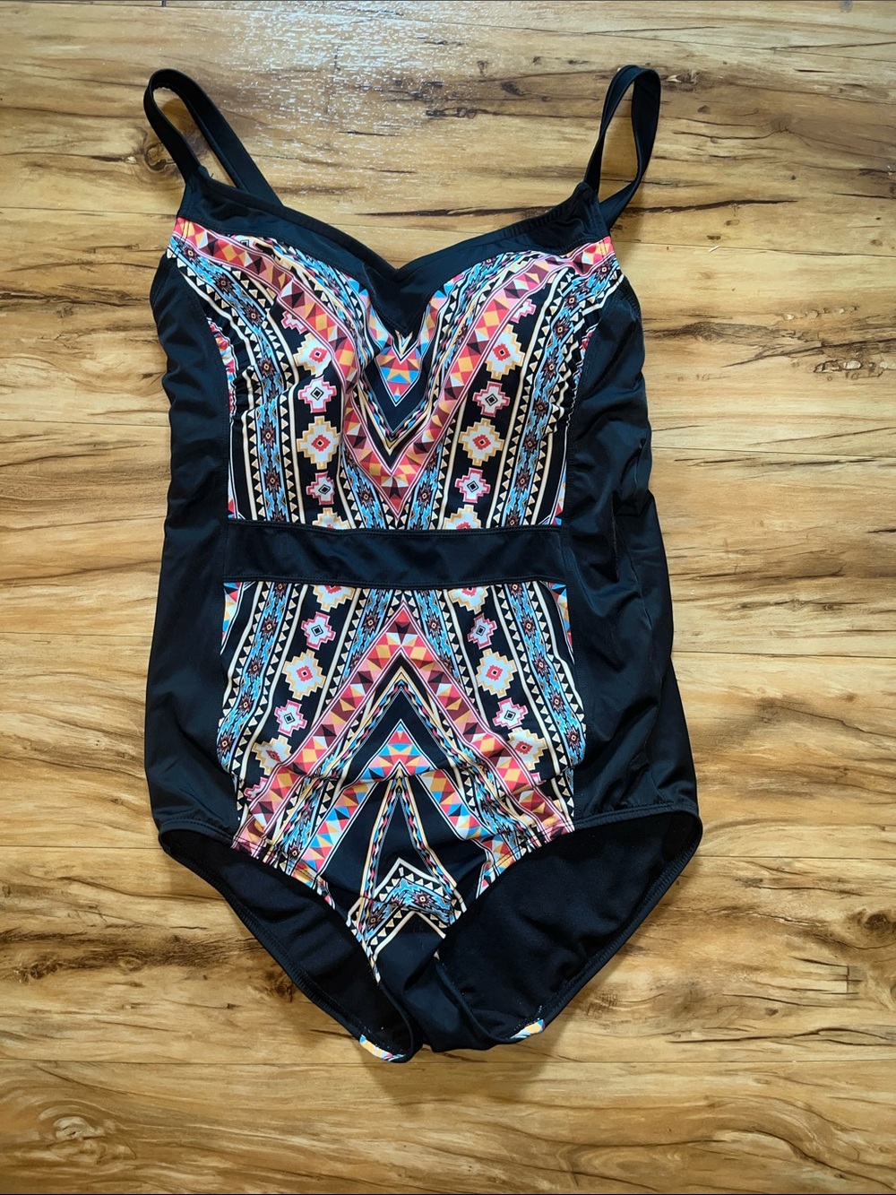 Black One-Piece Swimwear with Multicolor Aztec Print